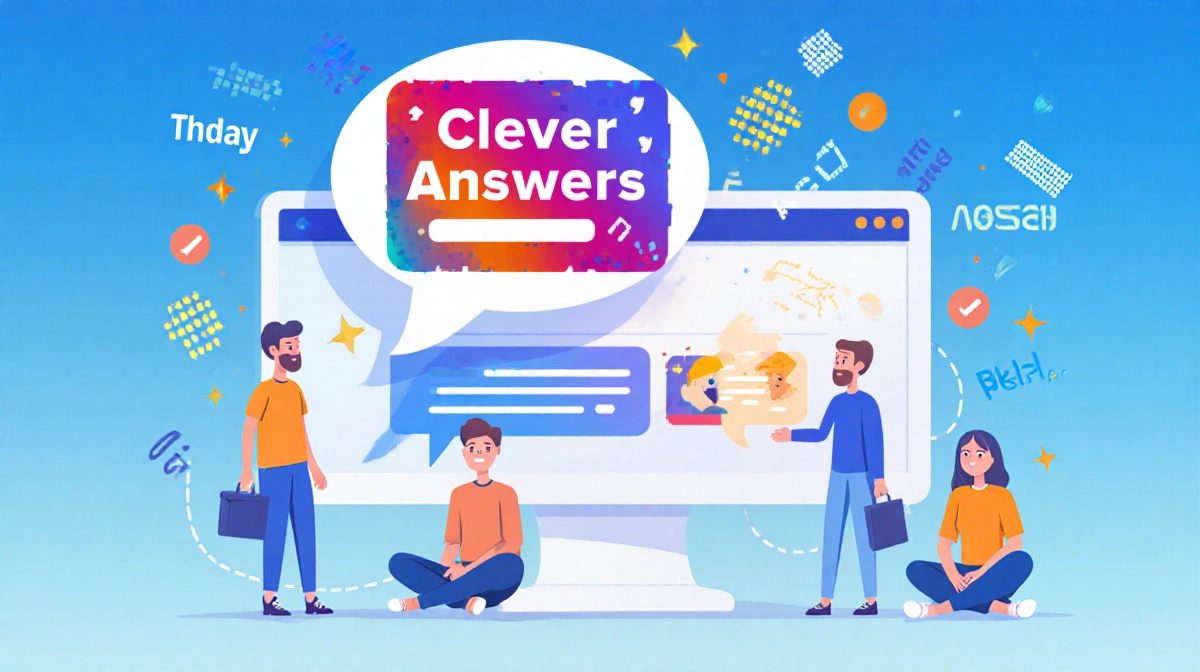 Users chatting with ChatGPT as colorful Clever Answers ad floats above with swirling pixels around them