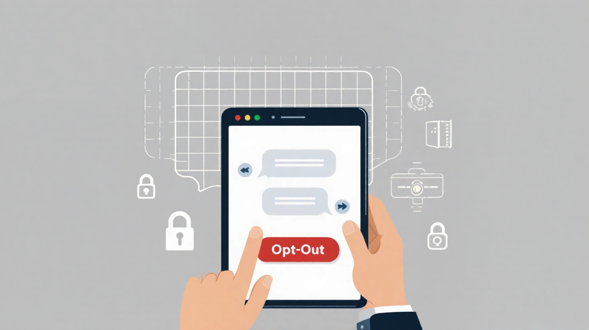 Person holding tablet showing ChatGPT chat window with prominent opt-out button and lock symbols protecting user privacy