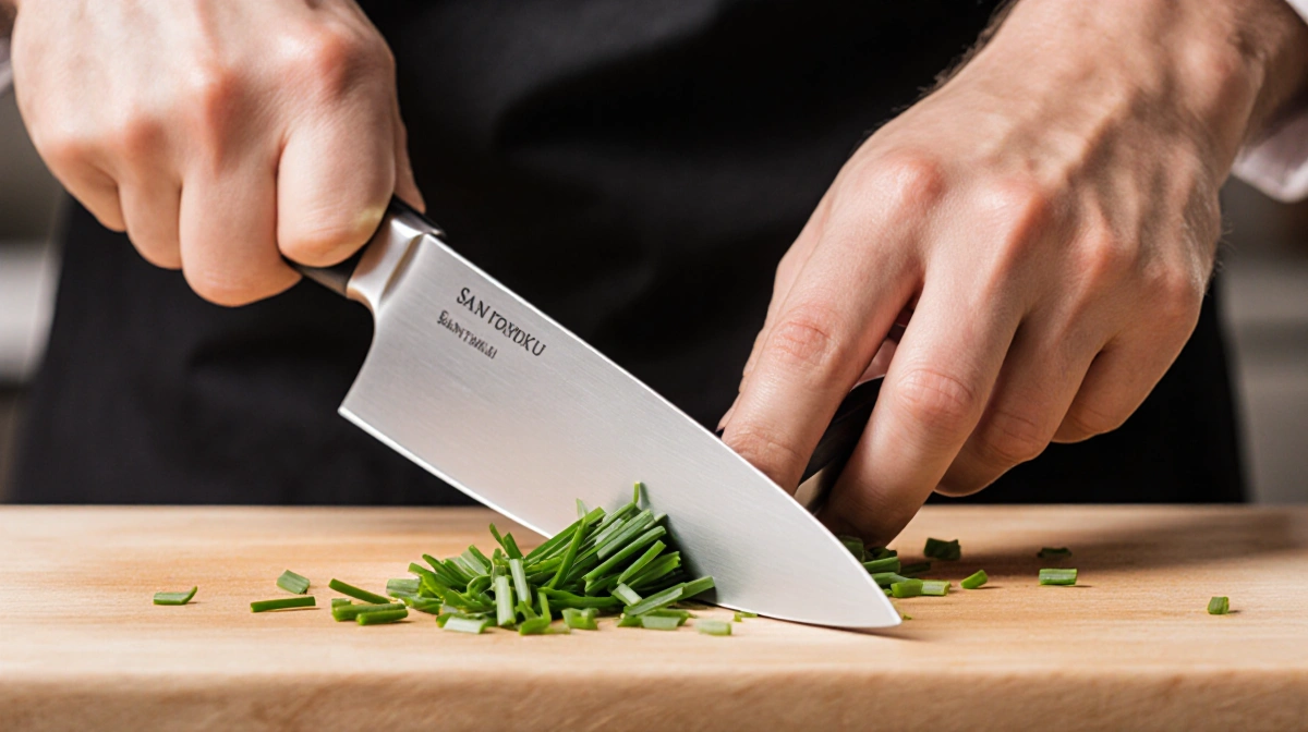 Chef chopping chives with Santoku and chef knives side by side showing kitchen knife skills