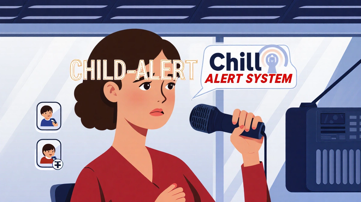 Woman holding radio microphone with concerned face and Child Alert System text with child and phone icons
