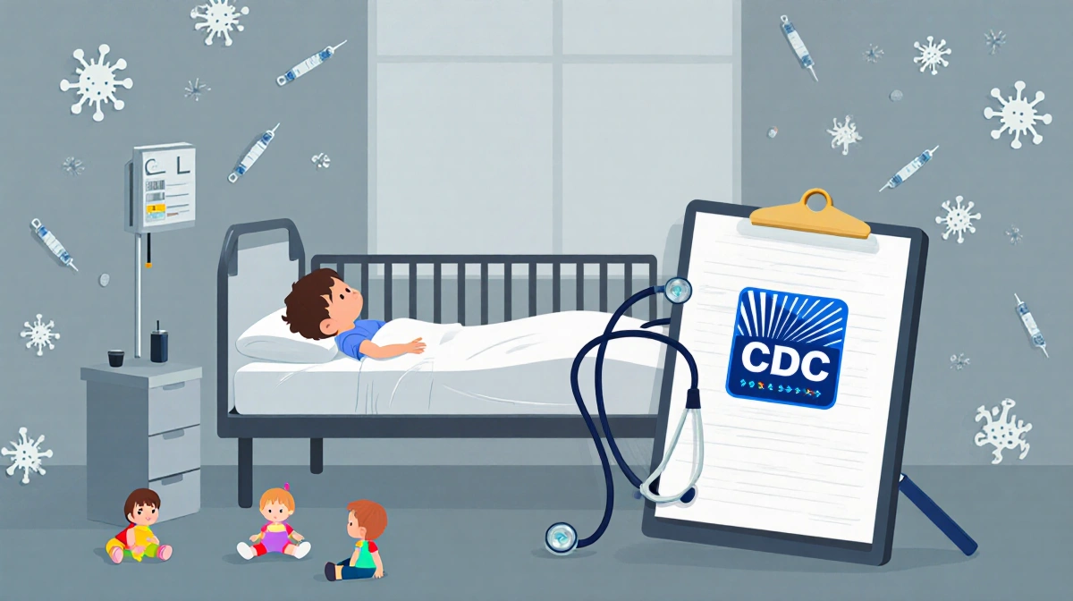 Child hospital bed lies empty with toys and stethoscope and CDC logo nearby hinting at flu