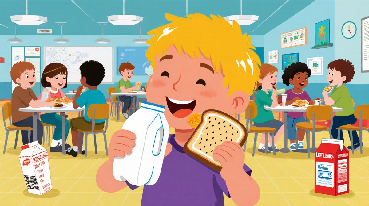 Smiling child drinking whole milk and eating sandwich with classmates in colorful school cafeteria showing new dietary guidel