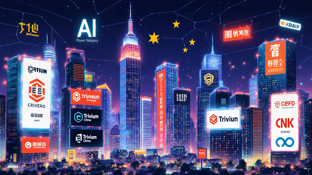 Skyscrapers tower over China's AI hub with neon company logos and digital screens showing artificial intelligence symbols