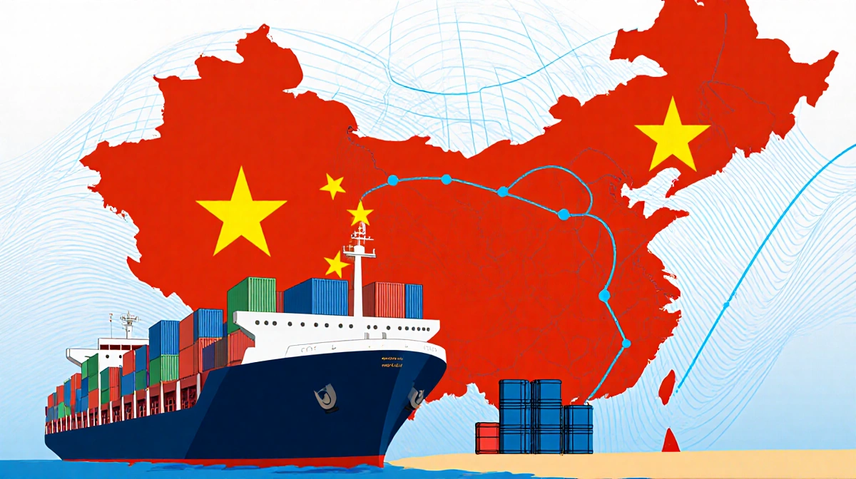 Container ship unloading canola barrels at Canadian port with China map and trade routes in background