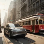 Modern Chinese EV parked beside vintage Toronto streetcar with diverse pedestrians walking past historic and modern buildings