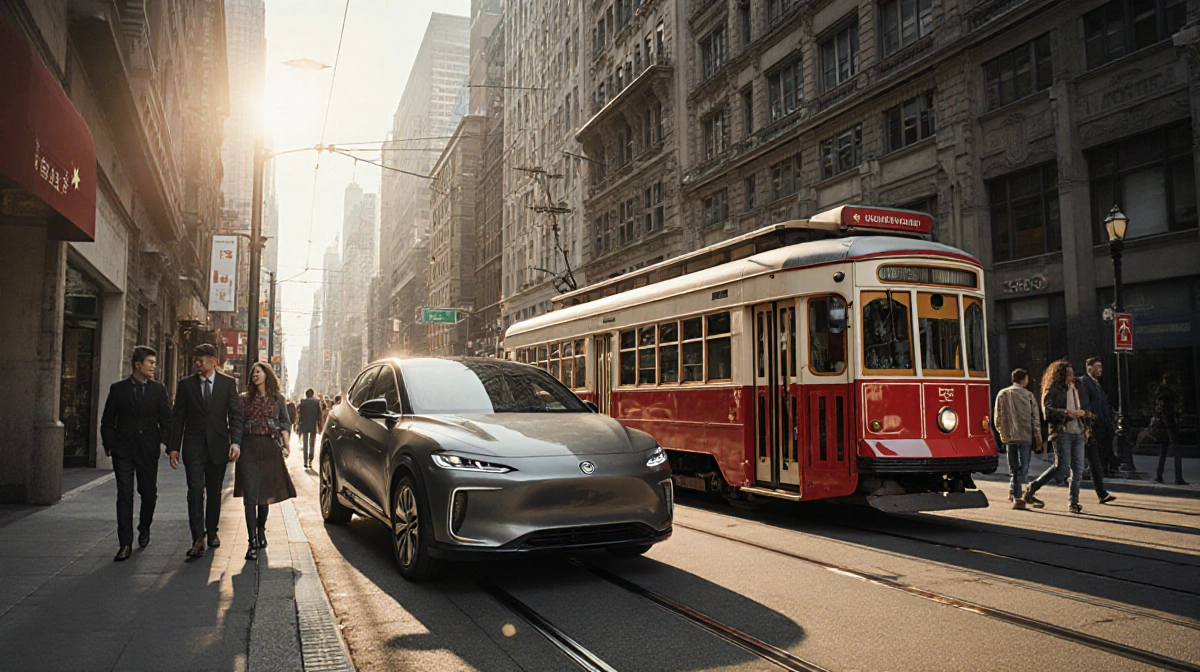 Modern Chinese EV parked beside vintage Toronto streetcar with diverse pedestrians walking past historic and modern buildings