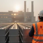 Chinese worker stands with EV batteries at factory showing industrial production and clean energy technology