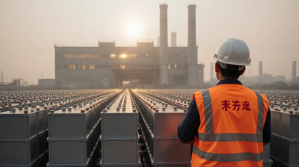 Chinese worker stands with EV batteries at factory showing industrial production and clean energy technology