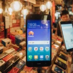 Vibrant smartphone market stall displays Chinese brand phones with global and China-only models under warm golden lighting