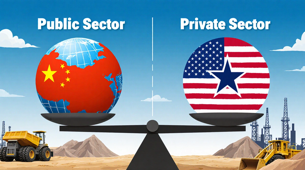 Balance scale showing China's flag on globe weighing against US industrial symbol with mining equipment in background