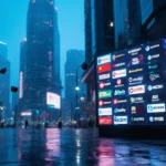 Futuristic cityscape reflects neon lights on wet pavement with LED screen showing Chinese tech company logos and AI innovatio