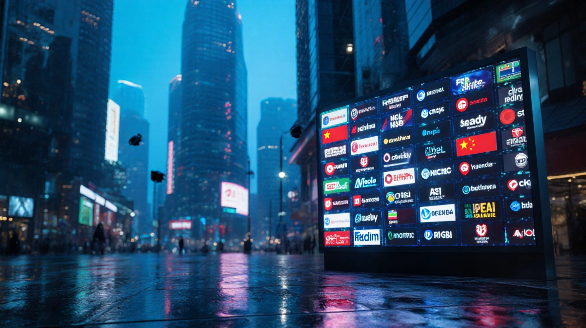 Futuristic cityscape reflects neon lights on wet pavement with LED screen showing Chinese tech company logos and AI innovatio