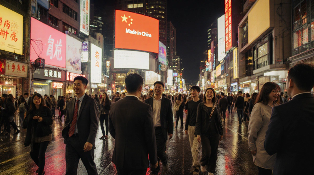 Crowd walks through neon-lit Chinese street at night with giant Made-in-China screen overhead and wet pavement reflecting lig