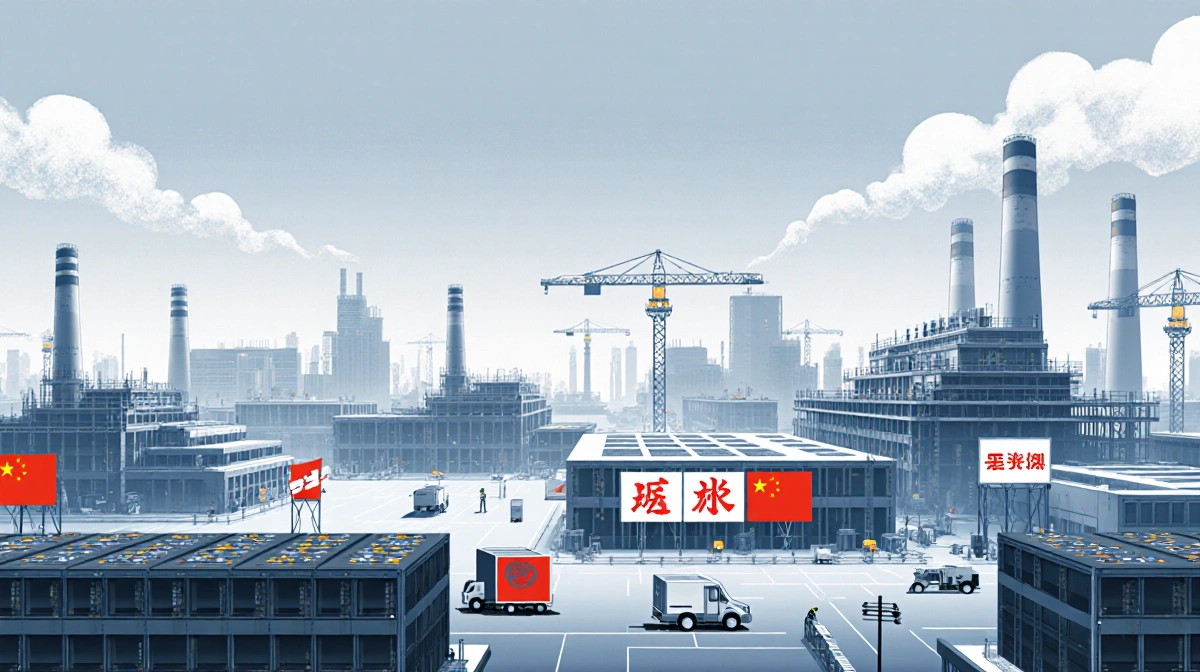 Futuristic Chinese battery factory rises with cranes and trucks showing EV plant construction under gray sky