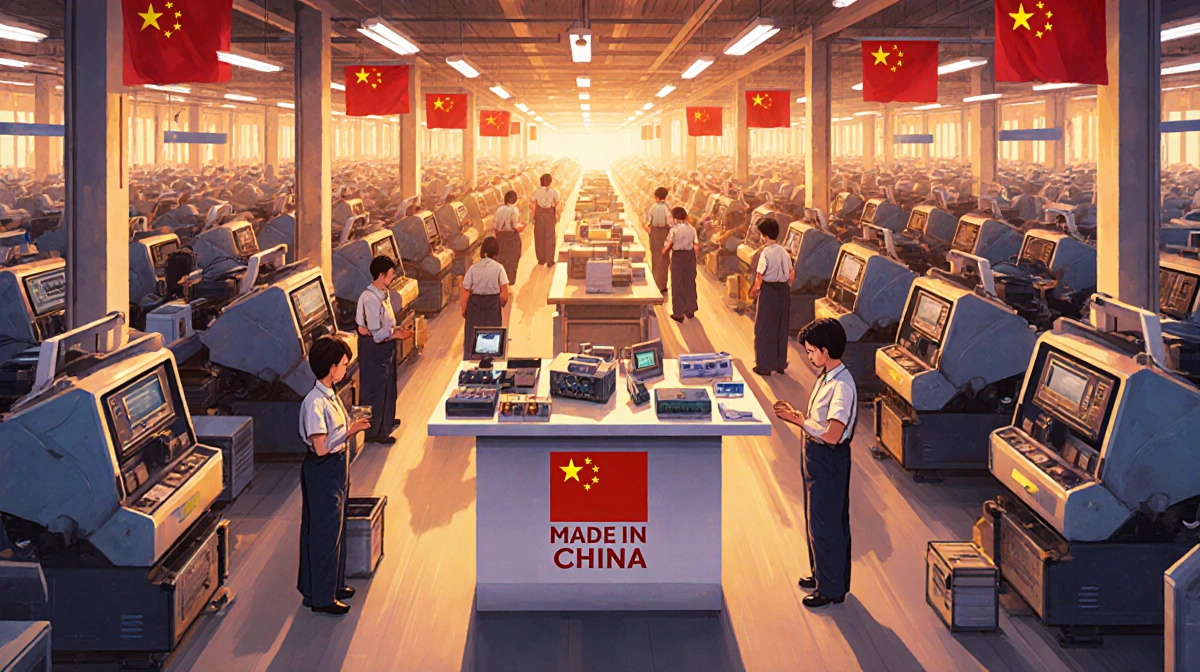 Chinese workers operate machinery on factory floor with Made in China products and company logos visible