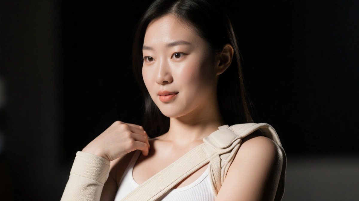 Chloe Kim wearing shoulder brace with playful expression and blurred background