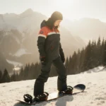 Chloe Kim stands on snowy slope with snowboard and gear preparing for Olympics with Swiss Alps behind