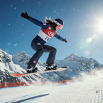 Chloe Kim snowboarding mid-air with arms outstretched over the Italian Alps under a bright blue sky during the Olympics