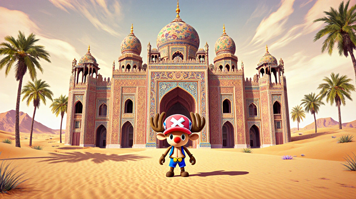 Tony Tony Chopper stands before ornate Baroque palace with sweeping arches and palm trees against desert dunes