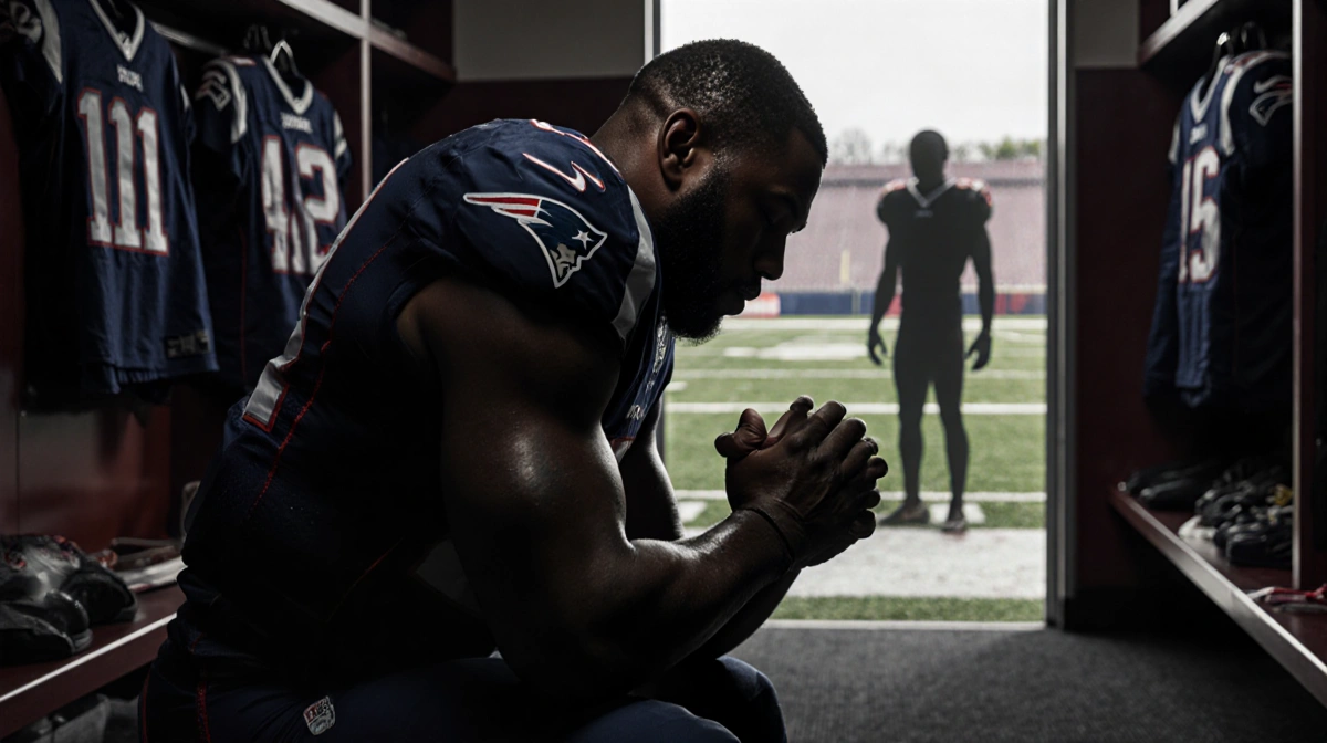 Barmore bends head with hands clasped in dim locker room with football gear and faint shadow of Diggs behind