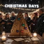 Carolers laughing around a wooden puzzle stand with golden rings and scattered pieces under string lights at a winter market