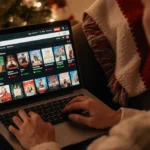 Person browsing Netflix holiday movies with hot cocoa beside a couch draped in a festive blanket.