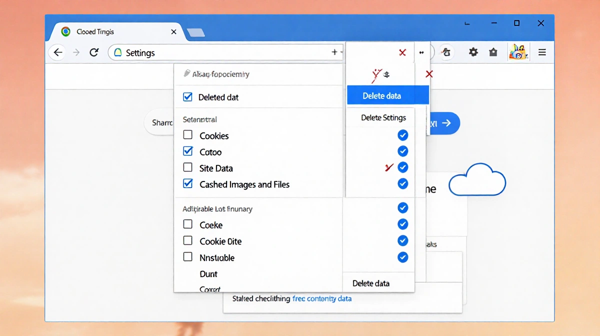 Chrome browser opening Settings page with highlighted Delete data button and checkboxes for Cookies and Cached Images.