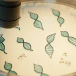 Human chromosomes arranged on microscope slide with DNA helix and lab background showing genetic research