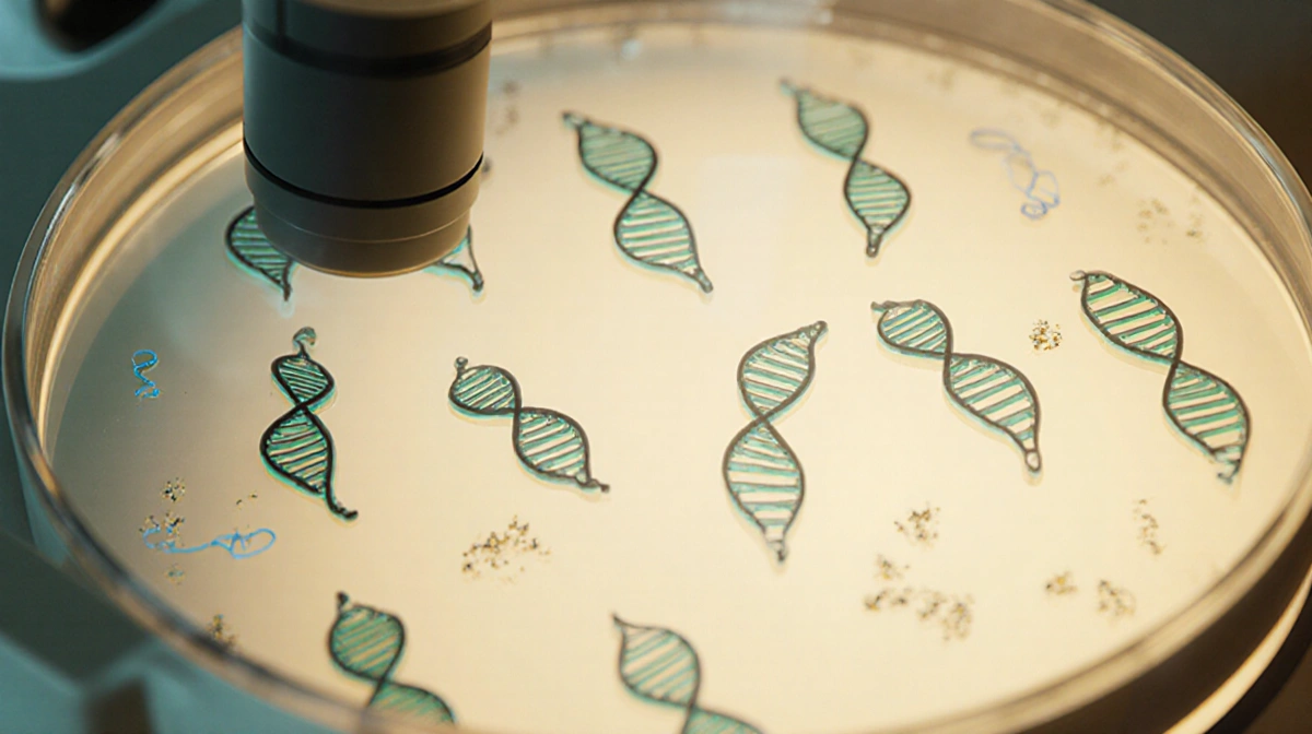 Human chromosomes arranged on microscope slide with DNA helix and lab background showing genetic research