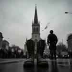 Protesters gather outside church with military boots in foreground and police vehicles visible beyond