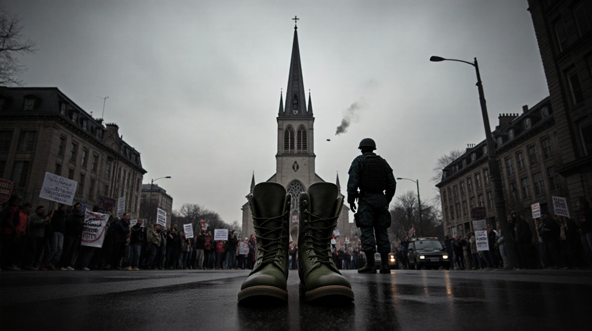 Protesters gather outside church with military boots in foreground and police vehicles visible beyond