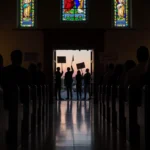 Worshippers sit in church with stained glass light on floor and protesters outside holding signs