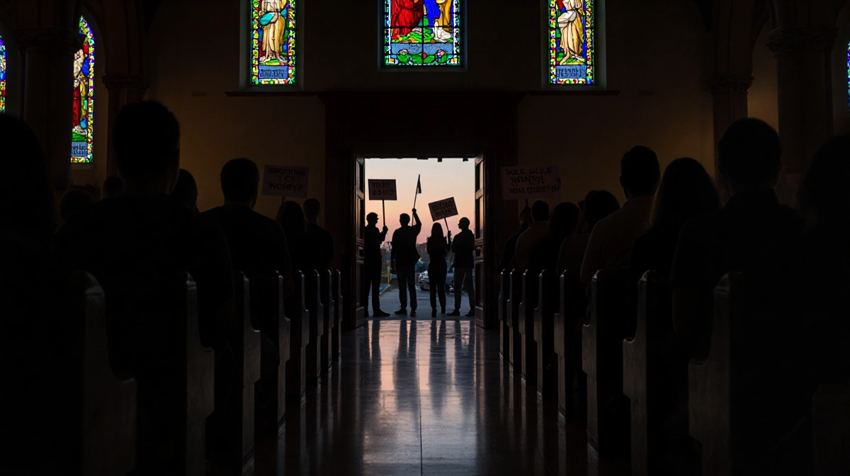 Worshippers sit in church with stained glass light on floor and protesters outside holding signs