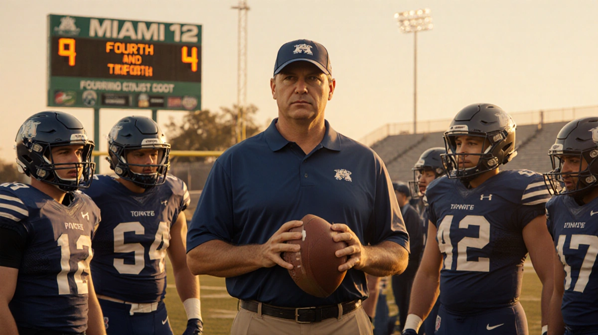 Coach Curt Cignetti clutches football while addressing players near Miami scoreboard showing fourth and four
