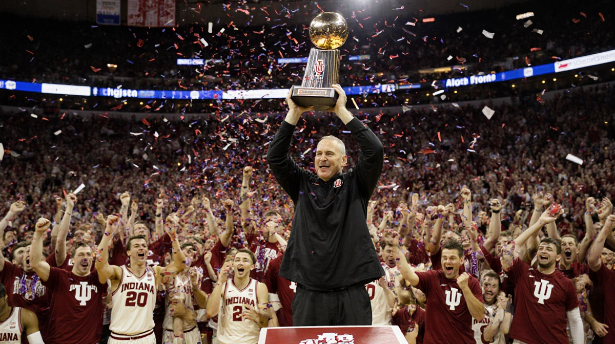 Indiana coach Curt Cignetti holds championship trophy high with red and cream fans cheering and confetti swirling