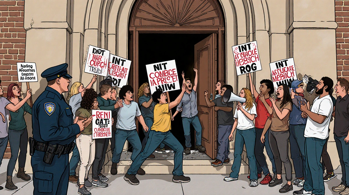 Protesters holding anti-immigration signs outside St Paul church with police officer blocking door