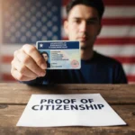 American citizen holding ID with Proof of Citizenship paper on worn desk with flag blurred behind