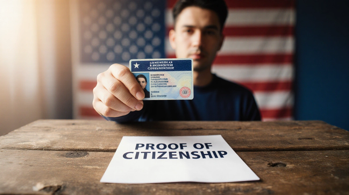 American citizen holding ID with Proof of Citizenship paper on worn desk with flag blurred behind