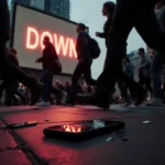 Crowd rushing past digital screen with red down message and abandoned phone on pavement
