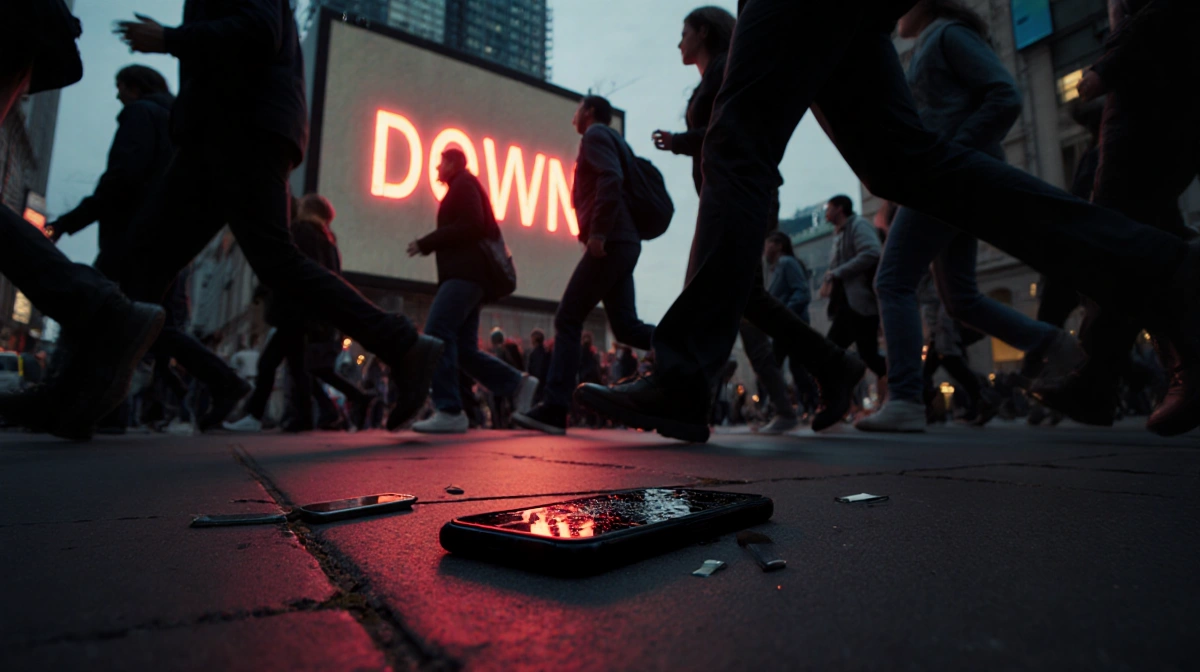 Crowd rushing past digital screen with red down message and abandoned phone on pavement