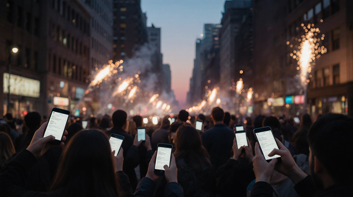 Worried pedestrians checking emergency alerts on smartphones with gunfire flashes lighting up the city street behind them