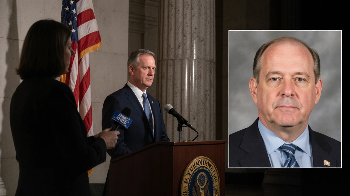 City Manager Paul Grimes speaking to interviewer at podium with American flag in background and inset photo of Frank Ragan.