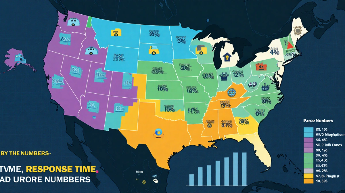 City map shows colored zones highlighting neighborhoods with crime data bars and simple zone icons for response time analysis