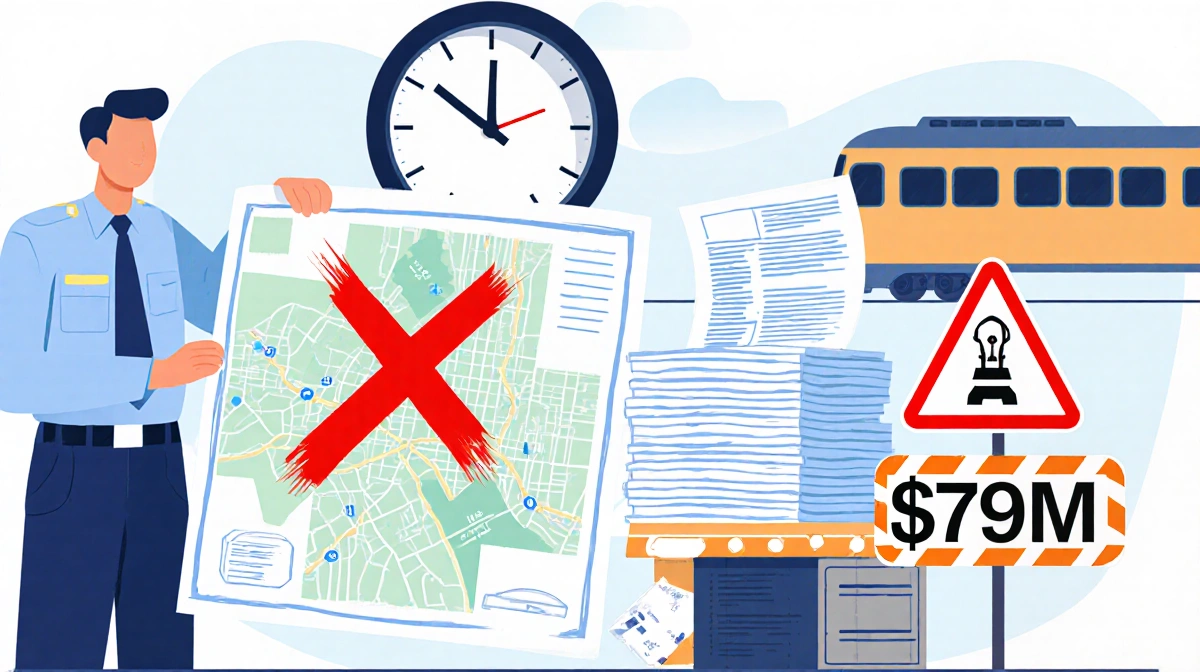 City official holding blueprint with red X and ticking to Feb 19 while construction zone sign looms train passing