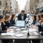 Group of people debating with a cluttered desk and tablet showing 4.3% growth while a robot watches nearby