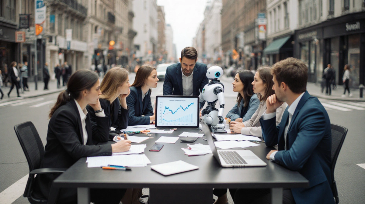 Group of people debating with a cluttered desk and tablet showing 4.3% growth while a robot watches nearby