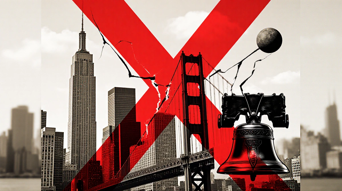 Five iconic city landmarks overlap with a red X and cracks showing transit system removal
