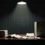 Classified documents lie open on wooden desk with file cabinets and overhead light casting long shadows