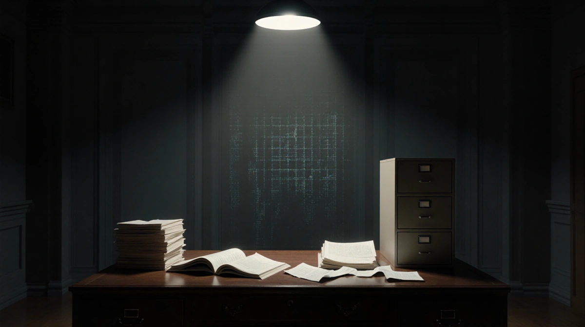 Classified documents lie open on wooden desk with file cabinets and overhead light casting long shadows