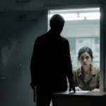 Dark figure holding gun stands near teacher